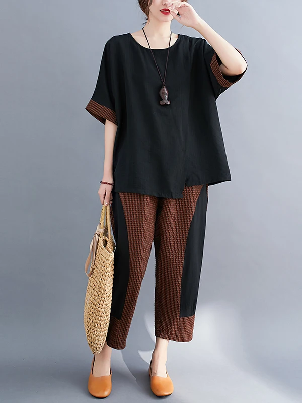 

Loose Fit Cotton Linen Set Women Summer Anti-Aging Slimming Plaid Splicing Two-Piece Set plus Size Faionable Artistic