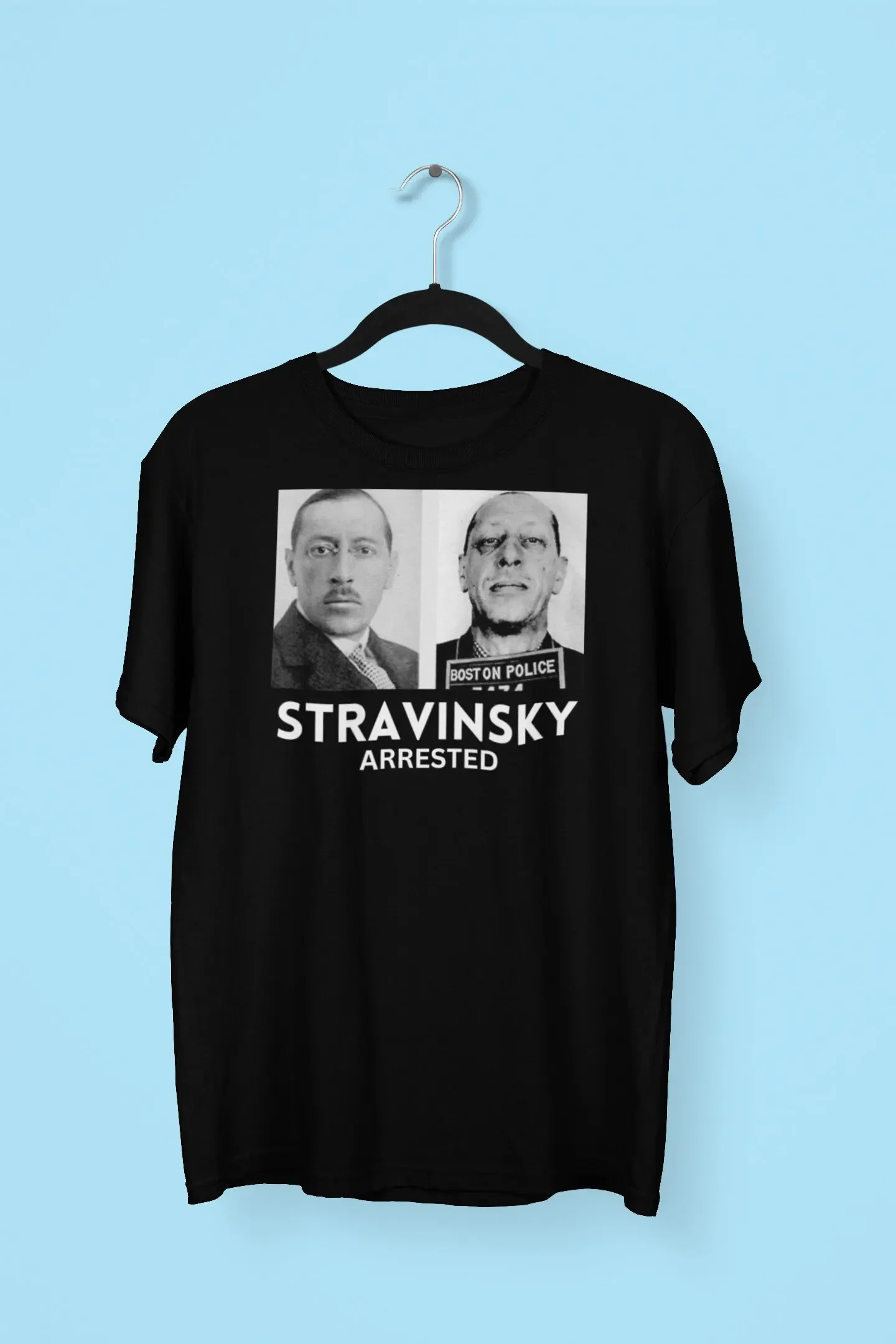 Stravinsky Arrested Mugshot Pic T-shirt, Igor Stravinsky Modernist Composer, Musician, Piano Pianist Shirt