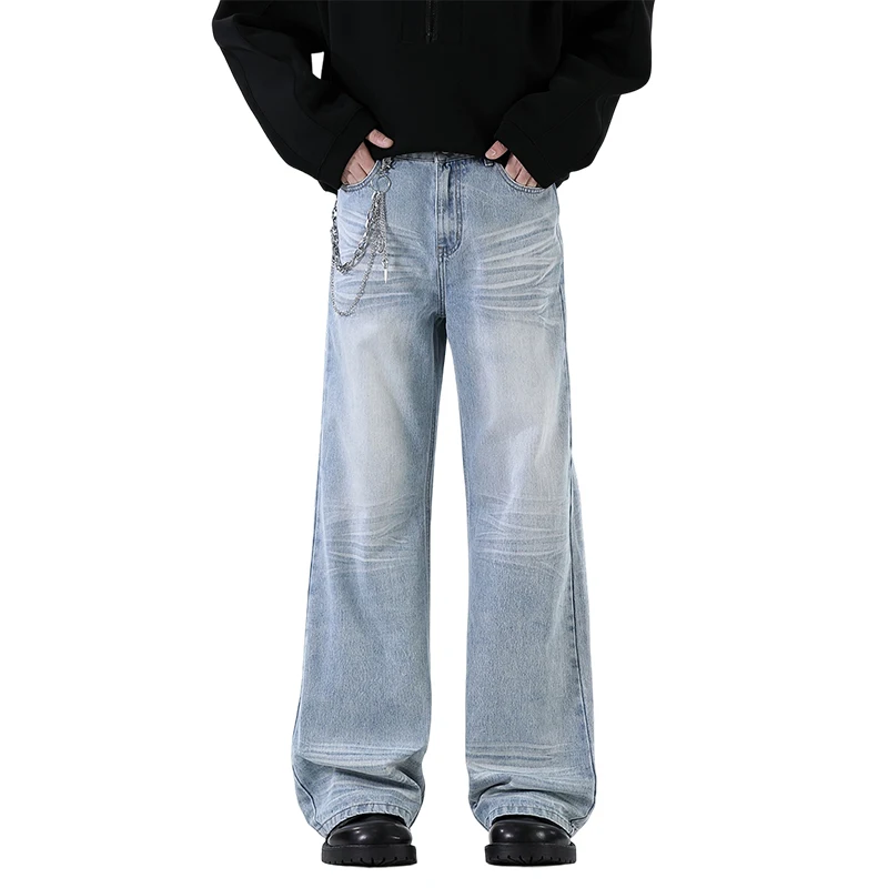 High Street Men's Jeans Washing Contrast Color Moustache Effect All-match Straight Wide Leg Loose Male Denim Pant