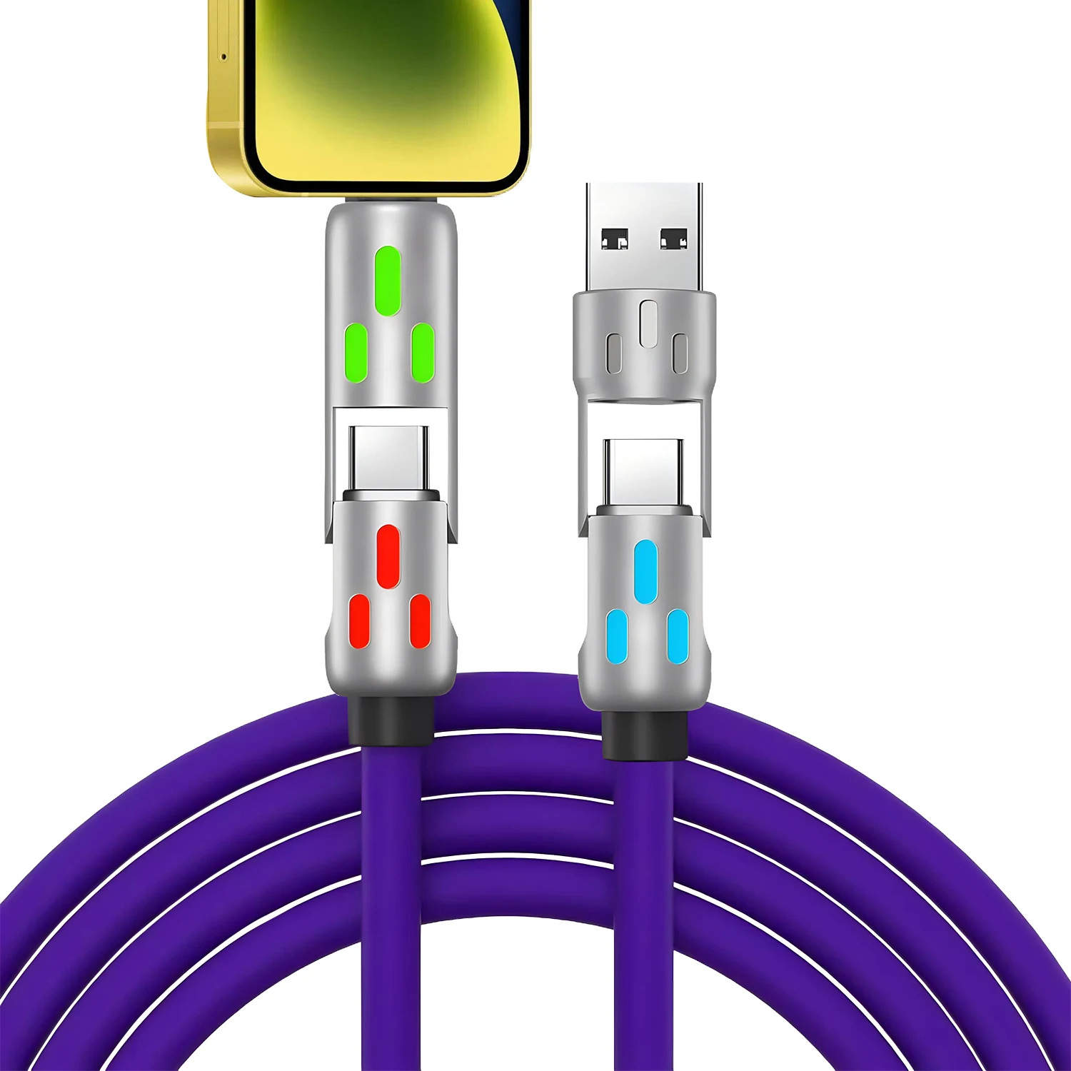 

Зарядное устройство с несколькими разъемами 4 в 1, вращающееся колено USB-Type-C, 1,2 м, мобильный телефон, 240 Вт, силиконовый кабель для быстрой зарядки, передача данных