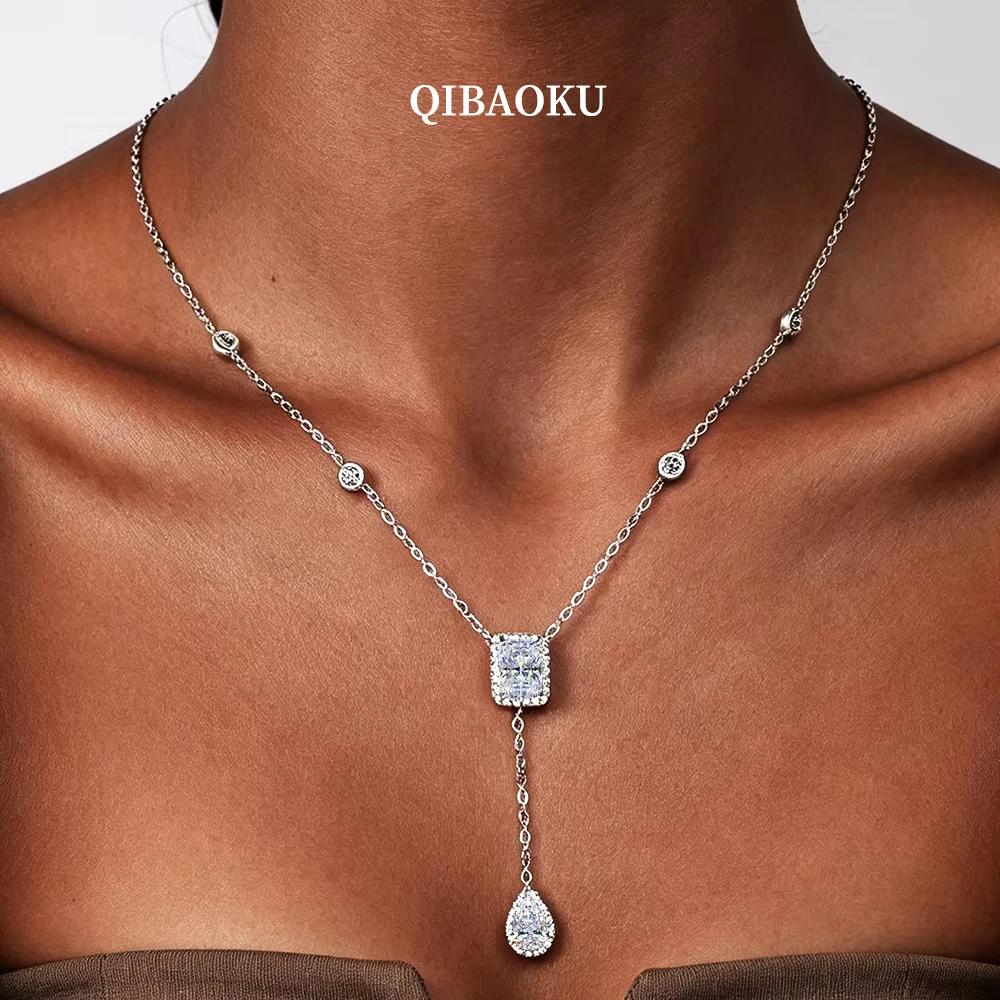 QIBAOKU 3CT Radiant/Emerald Moissanite WaterDrop Pendant Tassel Necklace 100%S925 Silver for Women NeckChain Jewelry Gift 2026
