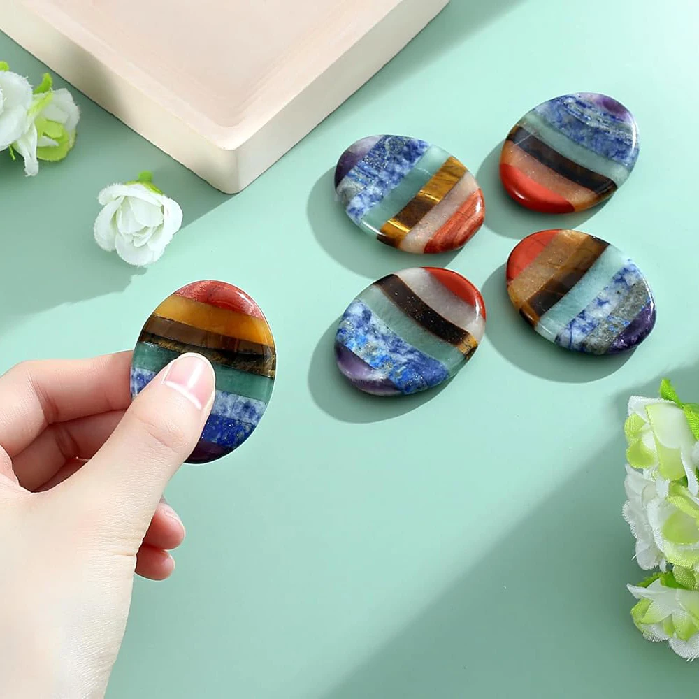 7 Chakra Natural Crystals Healing Stones Thumb Worry Stone for Anxiety Depression ，Meditation Accessories Calm Mental Health