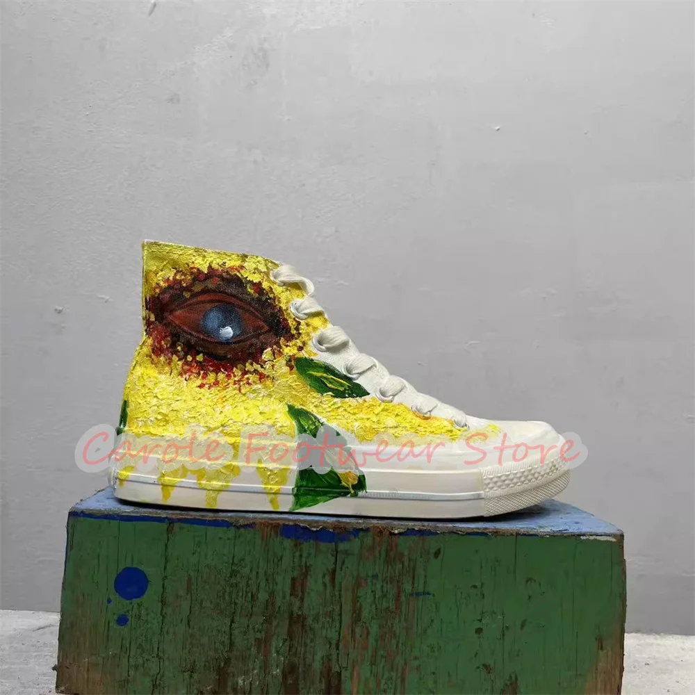 Hand-Drawn Sunflowers Graffiti Women Canvas Shoes Fashion High Top Chunky Bottom High Heel Sneakers Lady Breathable Sport Shoes