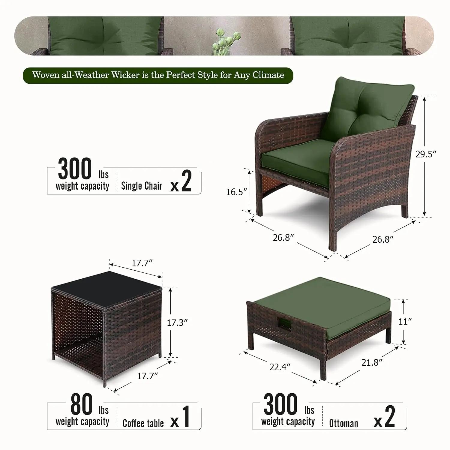5-Piece Wicker Patio Set, Outdoor Chairs & Ottomans With Storage Table, Space-Saving Balcony Garden Poolside Porch, Customized