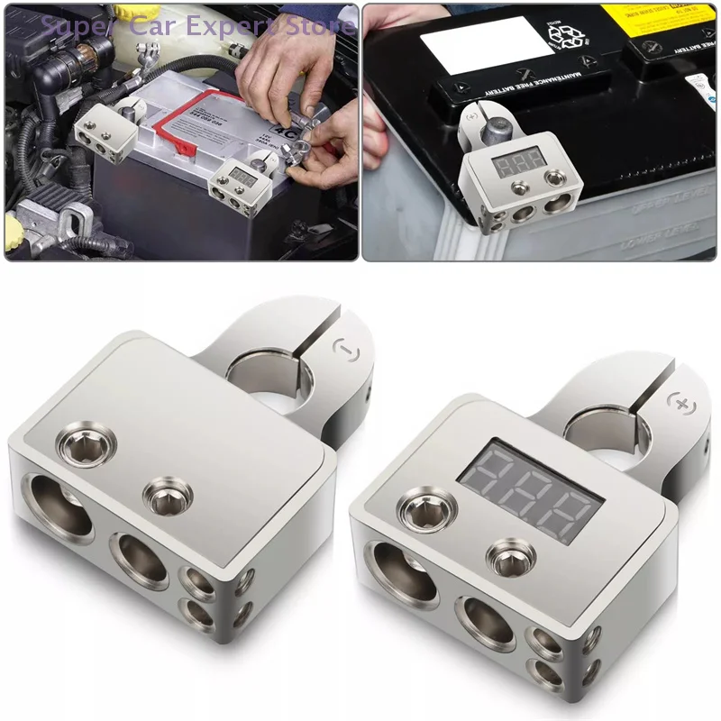 

1Pair Car Battery Terminal Connectors With Voltmeter - 0/4/8 Or 10 Gauge AWG Positive Negative Battery Post Clamp And Shims