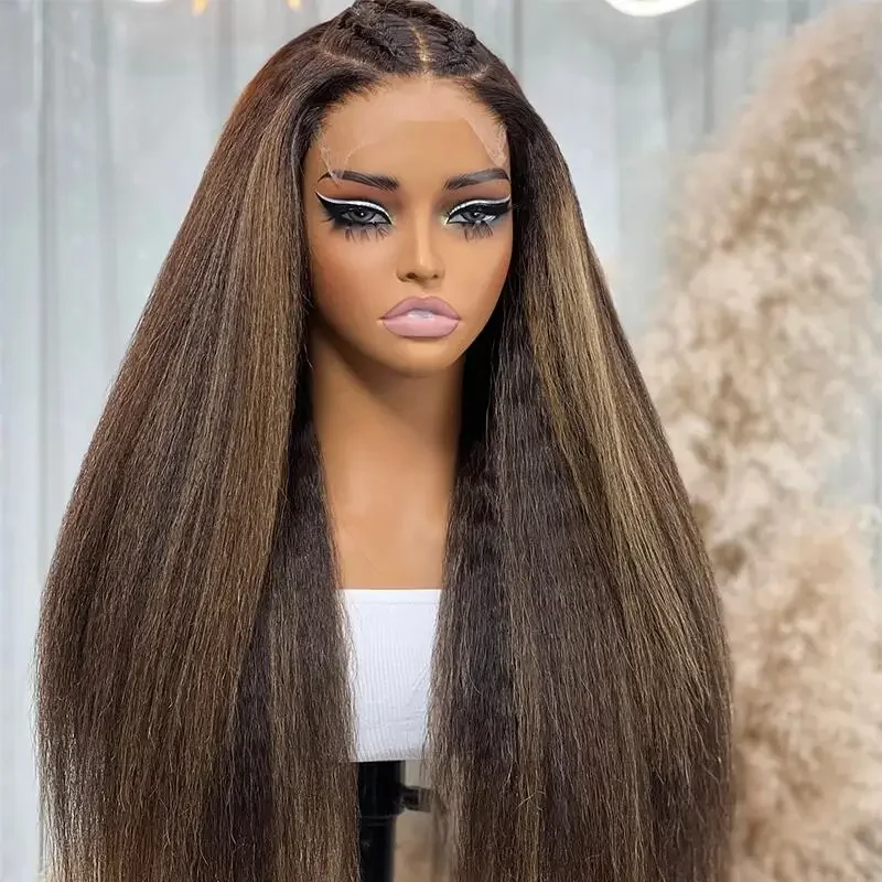 

Yaki Highlight Blonde 26 "Длинный Кудрявый Прямой Парик Фронта Шнурка 180 Плотность Для Женщин Термостойкий Синтетический Бесклеевой Предварительно Сорванный