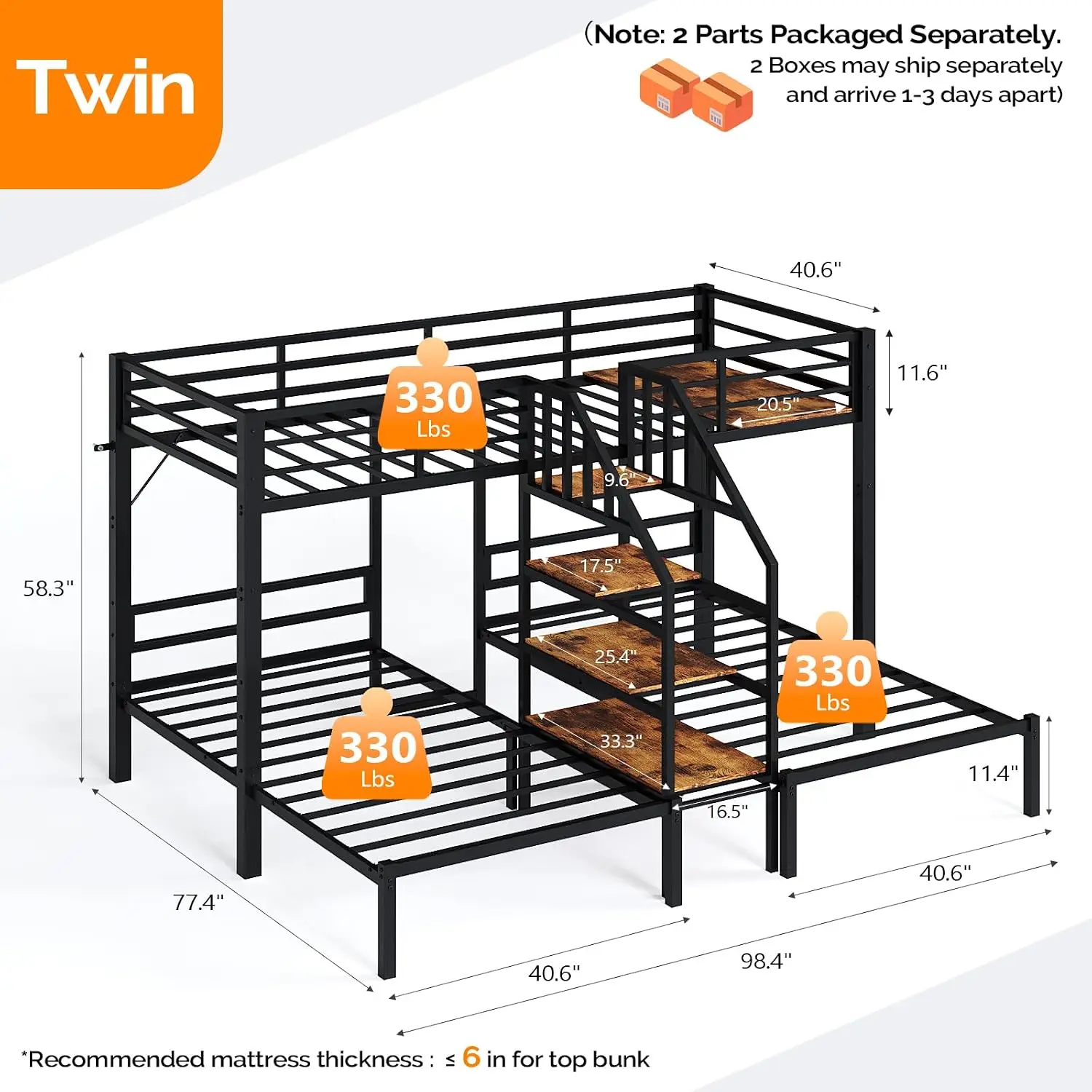 Metal Triple Bunk Bed with Stairs, Twin Over Twin Over Twin Bunk Beds for Kids,Teens and Adults, 3 People Bed, No, Customized