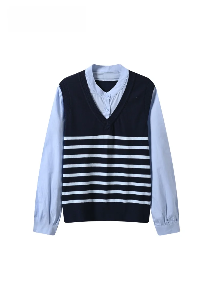 

Женская полосатая блузка больших размеров с длинным рукавом, новинка весеннего сезона, универсальный повседневный топ в студенческом стиле для полных женщин, полиэстер