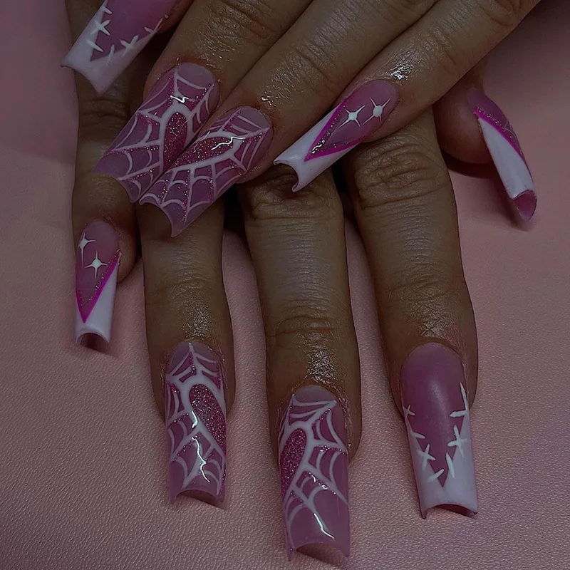 

24Pcs Long French Ballet Press on False Nails Love Heart Splice Spider Web Fake Nail Shiny Powder Wearable Full Cover Nails Tips