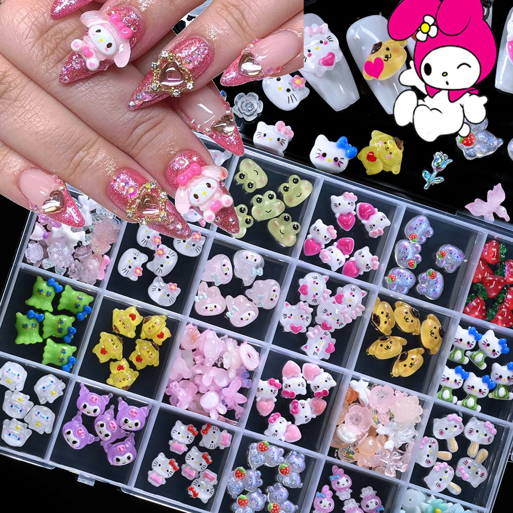 

12/24Grids 3D Melody,Hello Kitty,Kuromi Nail Charms Embrace love Heart Kitty/Kawaii Resin Pink Melody Nail Art DIY Cartoon Part