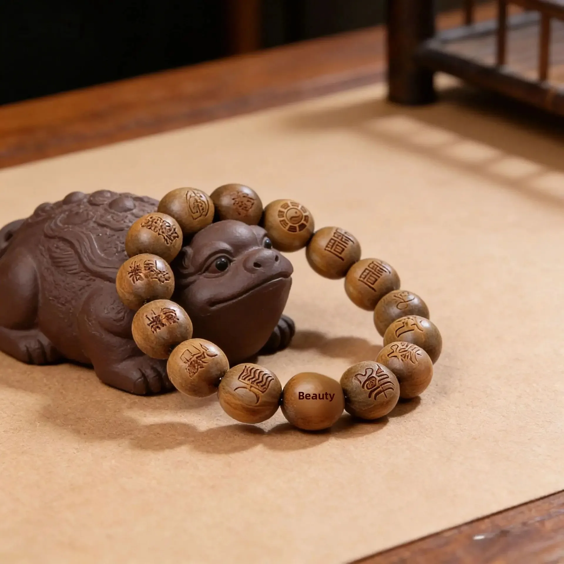 Lucky Luxury Green Sandalwood Carved Hand String Nine Words Mantra Twelve Secret Symbols Natural Log Beads Men Women Bracelet - view 2