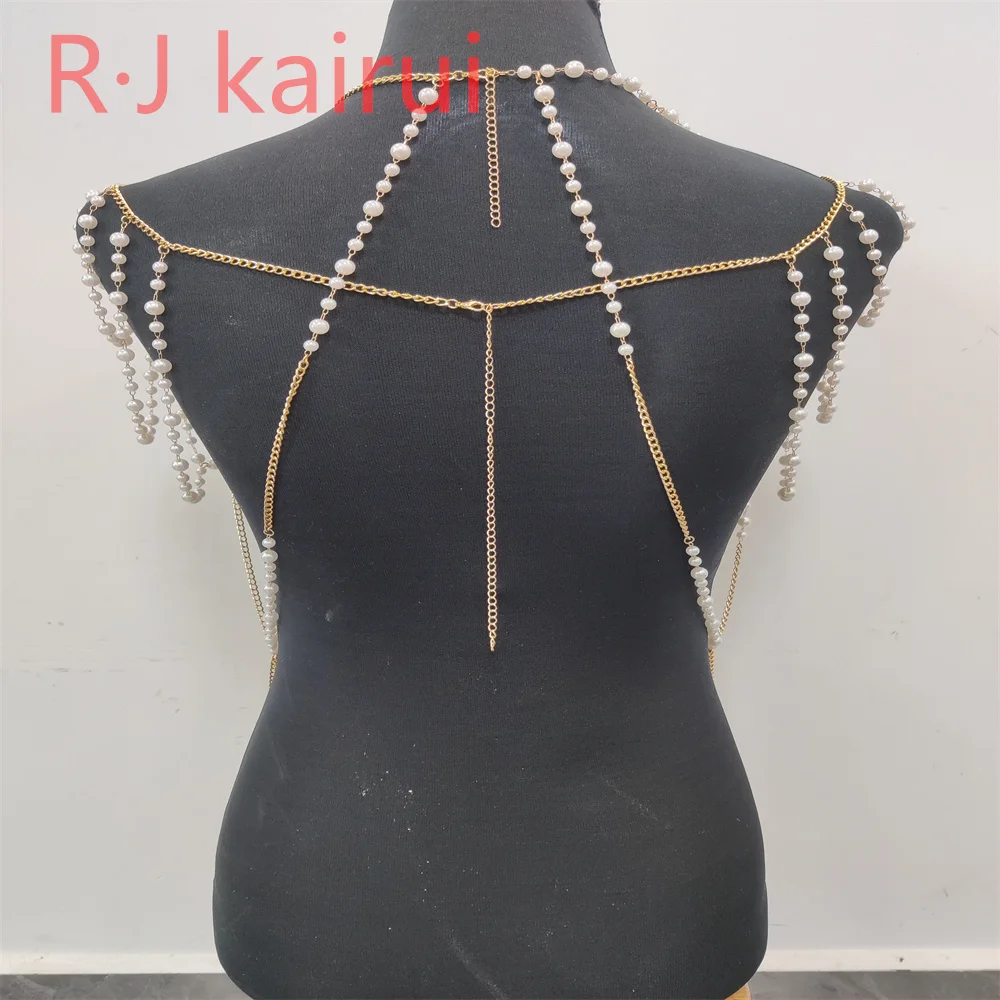 RJ Fashion Women Sexy Metal Acrylic Body Chain Imitation Pearls Top Dress Masquerade Stage Party Jewelry Accessories