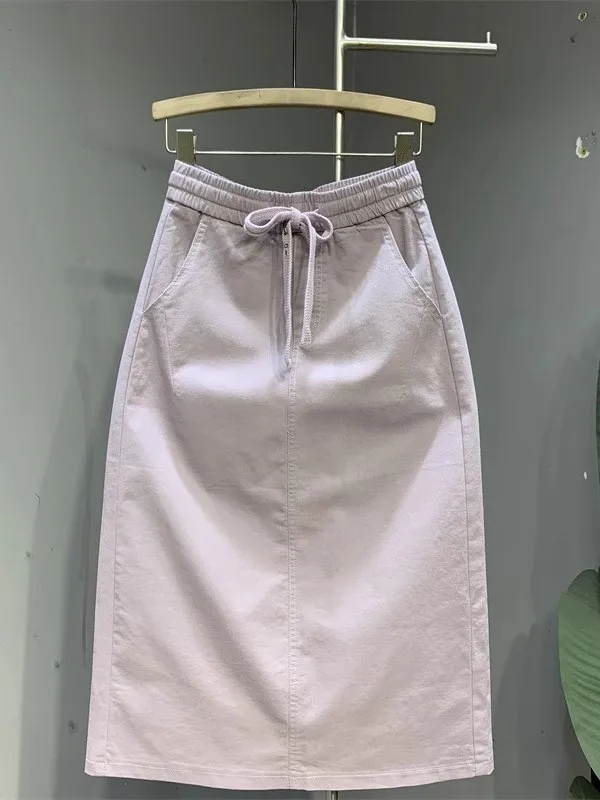 

Юбка А-силуэта с высокой талией в корейском стиле, джинсовая, с разрезом сзади, утягивающая, средней длины, весна-лето, для повседневной носки, модная, для молодых женщин