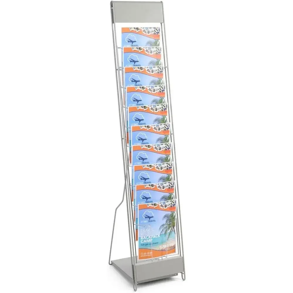 Floor-Standing 54 Literature Stand for 10 Pockets or 8.5x11 Magazines, with Carrying Bag, Silver Steel Rack