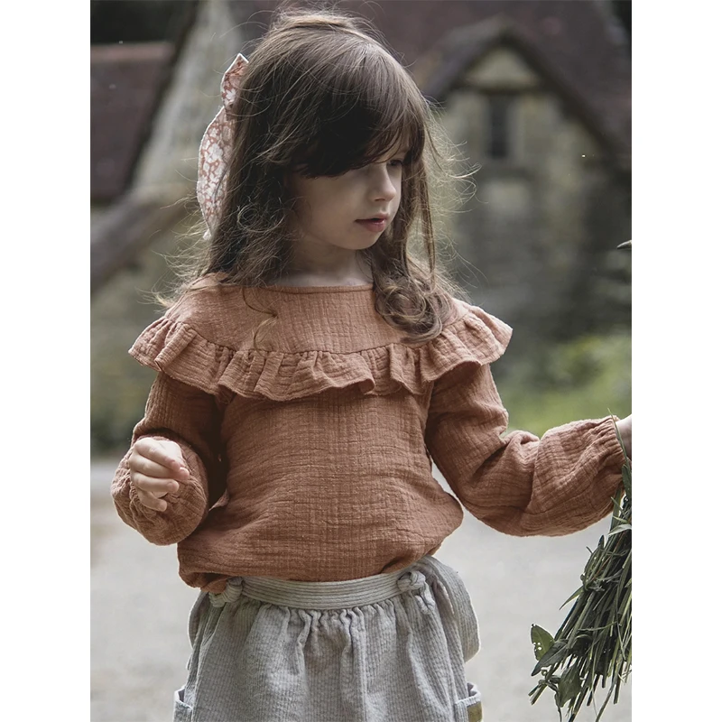 100% Cotton Double Gauze Shirt For Girls Spring New  Vintage Round Neck Ruffle Long-Sleeved T-Shirts Children's Tops