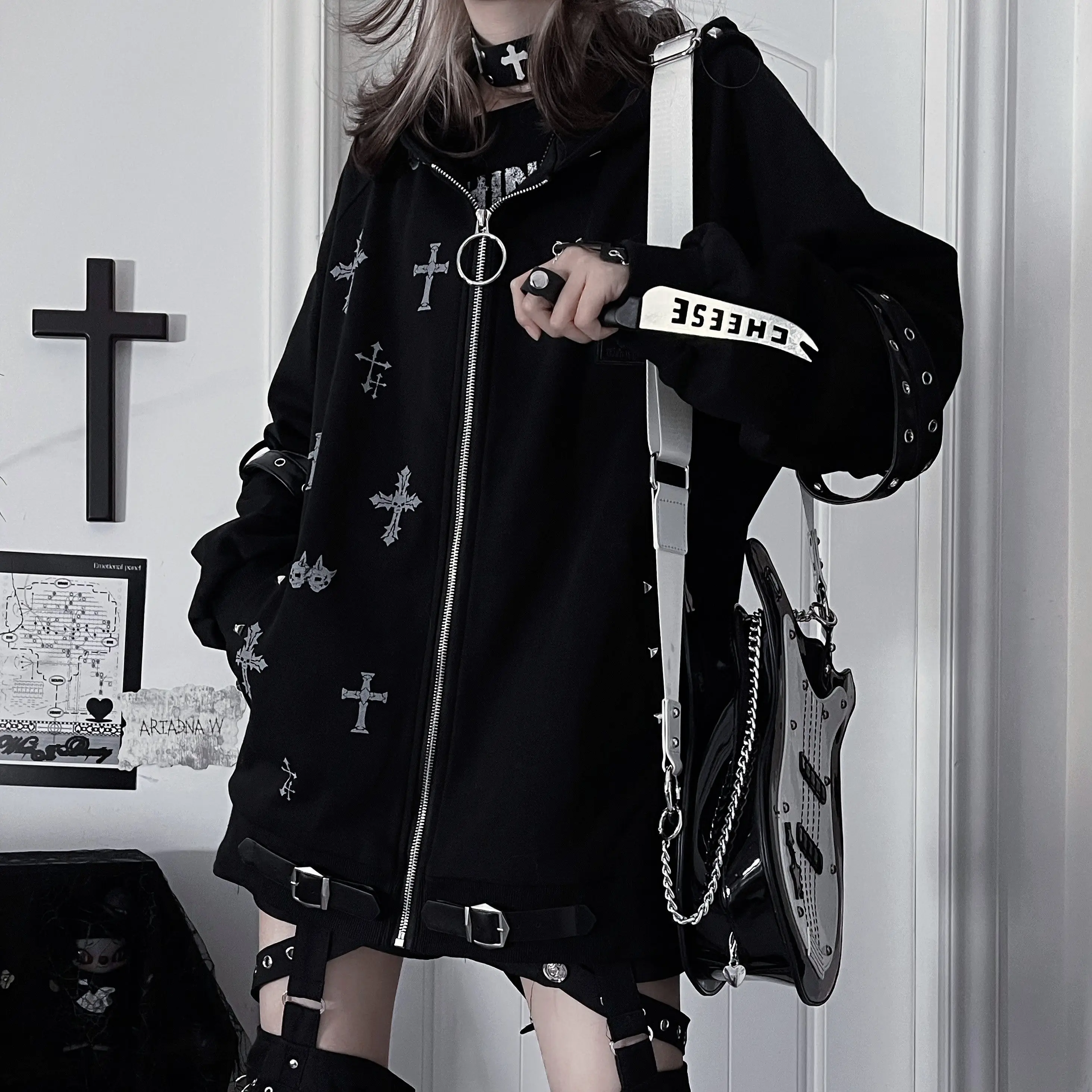 Girls Sweatshirts Japanese Loose Jacket Autumn and Winter Coat New Print Subculture Cross Print Casual Hoodie for Women