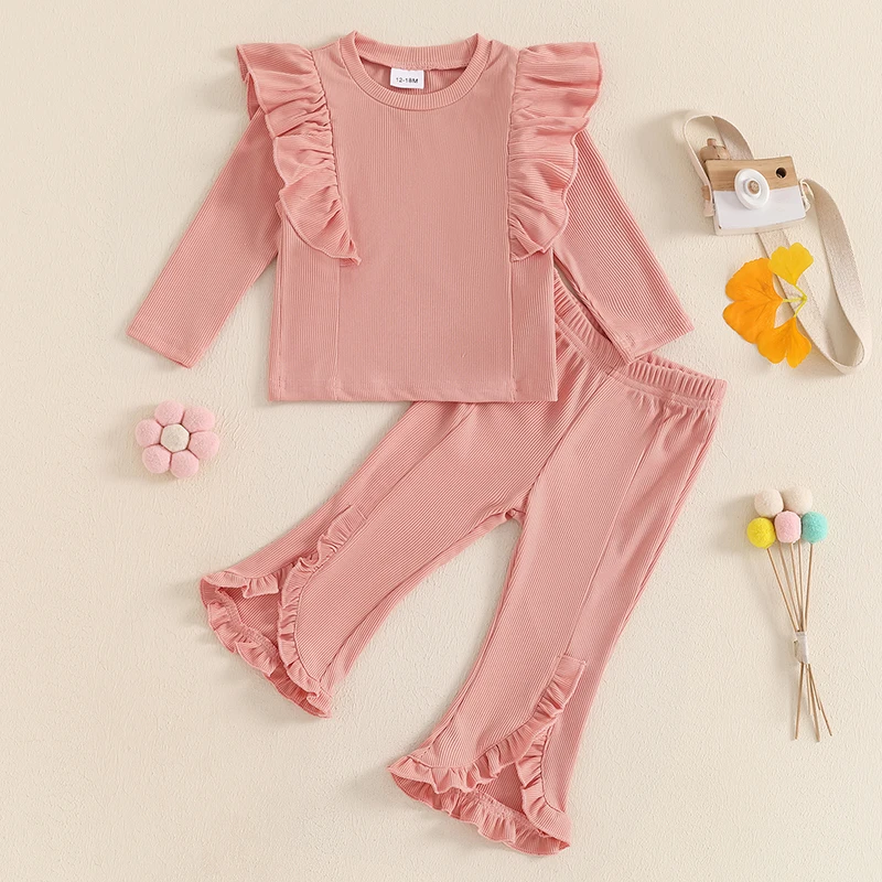 Baby Girl 2Pcs Fall Outfits Long Sleeve Crew Neck Ruffle Tops Flare Pants Set Toddler Clothes