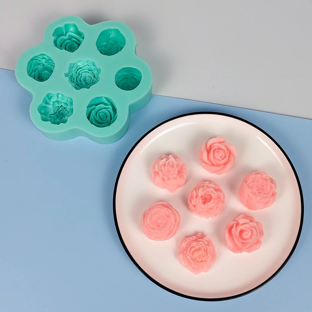 7 Holes 3D Rose Flowers Silicone Mold Bloom Shape Candle Soap Cake Chocolate Mould DIY Aromatherarpy Household Decoration Tools