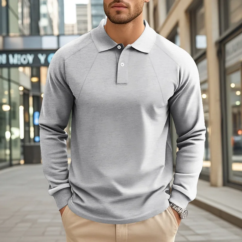 Men's Spring and Autumn Turn-down Collar Solid Color Casual Underwear American Retro Heavyweight Long-sleeve Polo Shirt