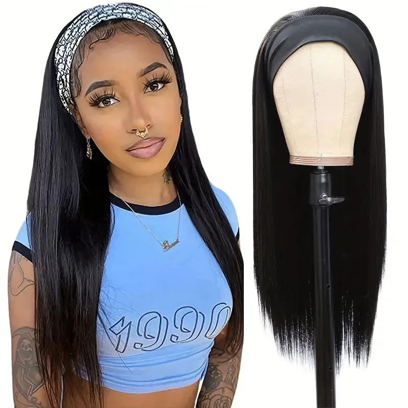 Wig Ice Silk Hair Strap Long Straight Hair Lazy Hair Strap One piece Natural Fashion Brown Gold Mixed Color Women's Head Cover