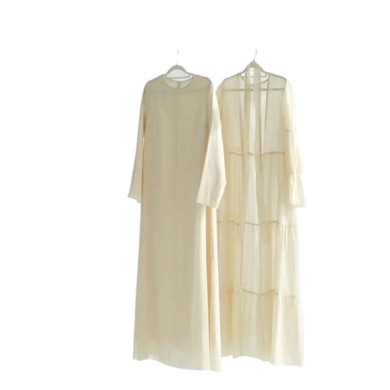

Muslim Set Solid Color Chiffon Long Sleeve Dress and Front Open Abaya Ramadan Abaya Islamic Clothing Women's Modest Dresses