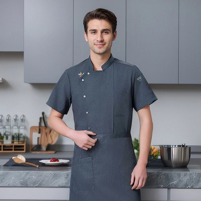 Manteau de Chef respirant de cuisine pour hommes, uniforme de Chef noir, tablier de Restaurant, Short de Chef à manches courtes, veste, vêtements de travail, Logo, été