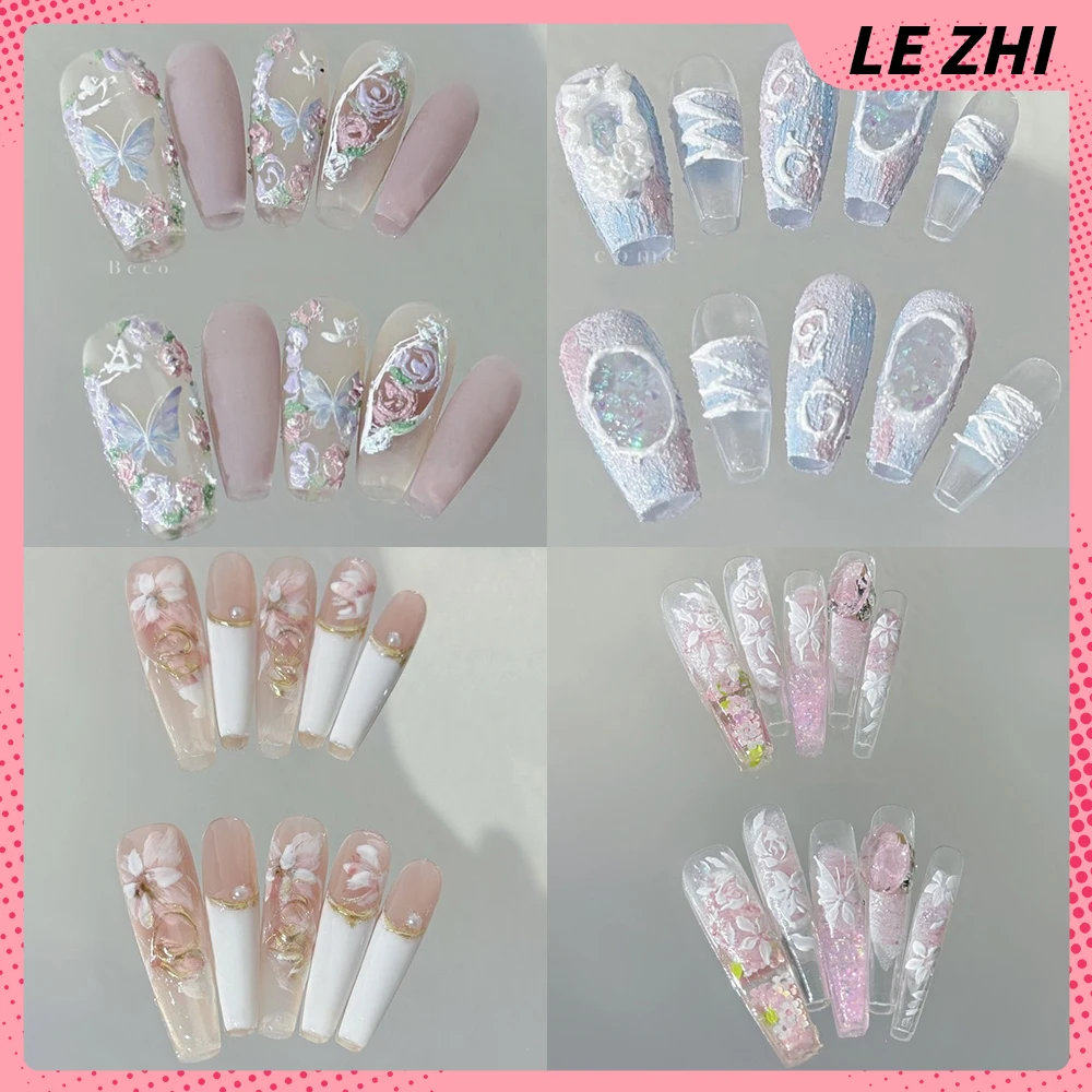 

10Pcs Beautiful Cartoon Bear Rabbit Dog Long Coffin Stiletto Handmade Press On Nail 3D Flowers Bowknot Pearl Fake Nails Gift