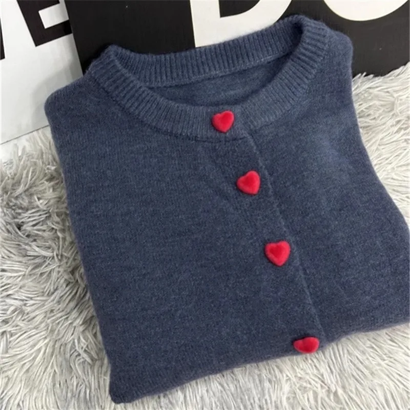 Korean Style Cardigans for Women Long Sleeve Knitted Heart Button Vintage Simple Chic Clothing Autumn Winter O-neck Warm College