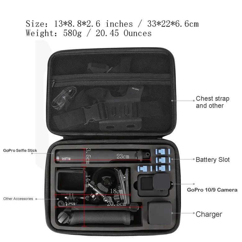 FF-29w grande superficie di trasporto-custodia impermeabile per fotocamera GoPro Hero 11 10 9, borsa rigida con tracolla fodera in EVA
