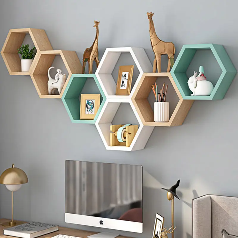 

Hexagonal honeycomb wall shelving minimalist wall hanging cabinets, bookshelves, background wall grid decoration, no punching