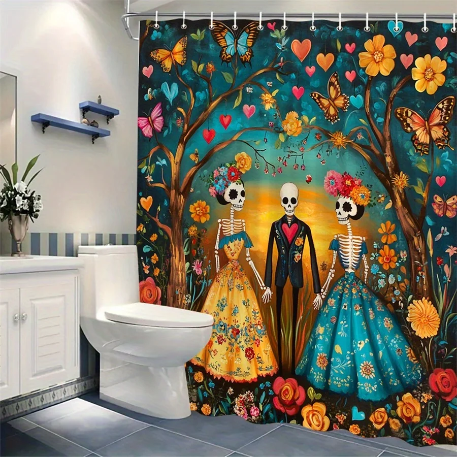 Mexican Folk Art Shower Curtain - Vibrant Skeletons, Traditional Dresses, Joyful Garden, Machine Washable, Colorful Bath Decor