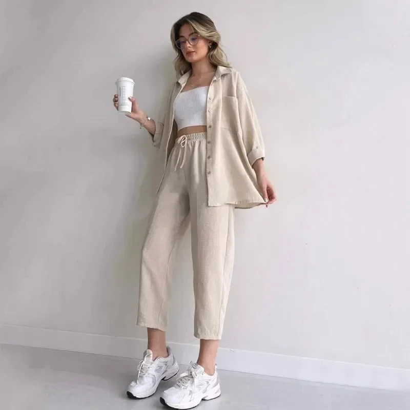 

Autumn 2 Piece Pant Sets Casual Outfits Women Single Breasted Ovesize Shirt Top + Cropped Pants Suit Streetwear Clothes