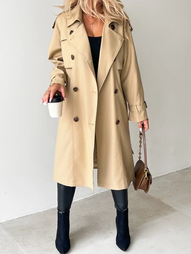 

Women's Medium-Length Jacket Autumn Winter Long Sleeve Pocket Notched Collar Double Breasted Longline Trench Coat Streetwear