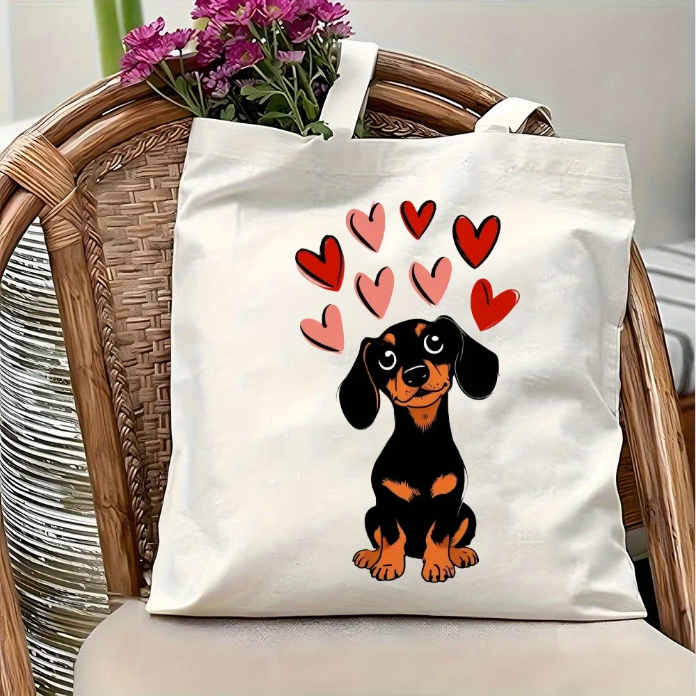 1pc Dachshund with Hearts Themed Printed Tote Bag, Reusable 
