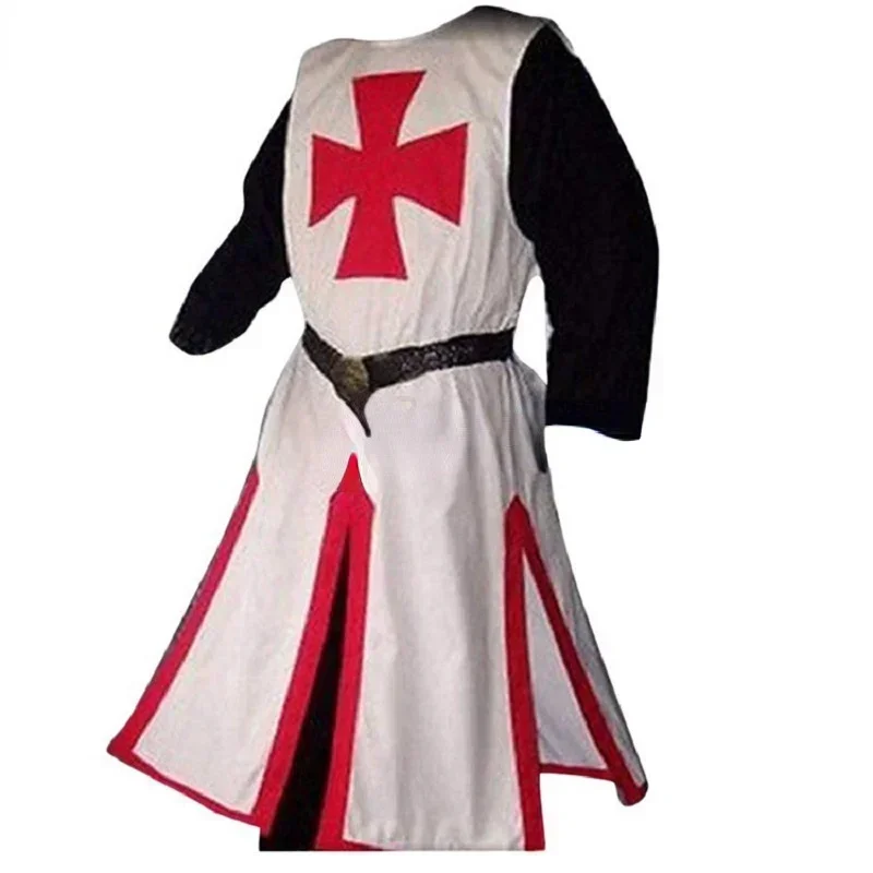 Plus Size Men Medieval Cosplay Robes Templar Knight Crusader Surcoat Long Sleeve Short Tops Reenactment Costume