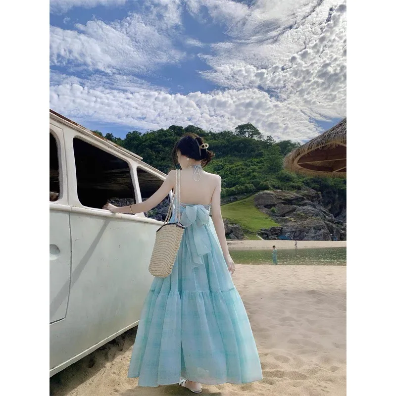 Summer Dopamine Seaside Vacation Fairy Skirt Mint GreenVCollar Halter Spaghetti Straps Maxi Dress Flab Hiding Fatmm