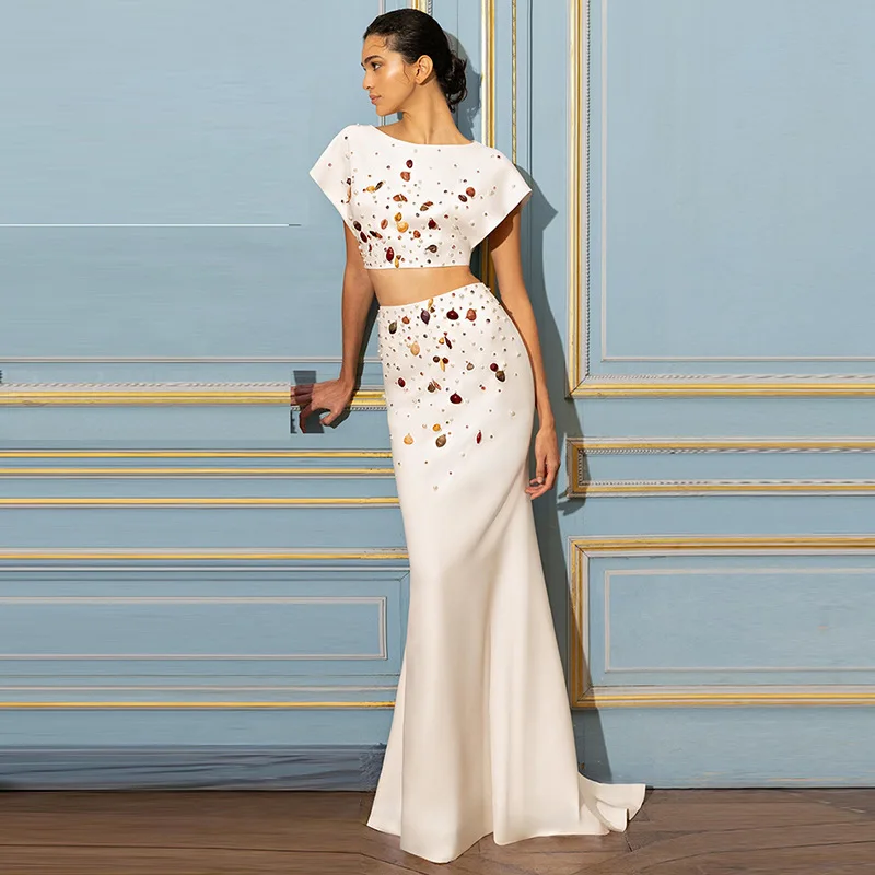 

White Wedding Prom Dress 2 Pieces Skirt Set Shell Beaded Short Sleeves Evening Dress Formal Birthday Mermaid Holiday Party Gown
