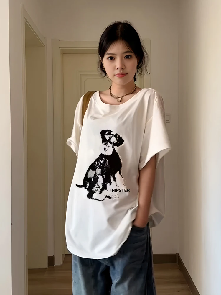 

Pullover Women's Loose Casual American Slash Shoulder Short Sleeve T-Shirt Summer Cartoon Puppy Printing Off-Shoulder Top new1pc