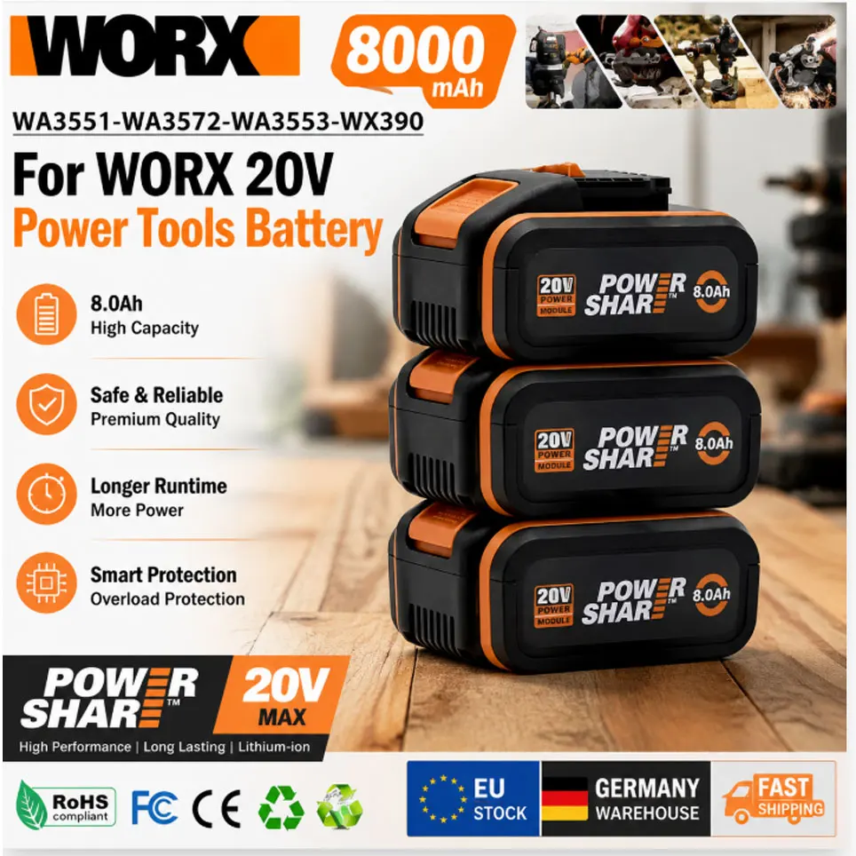 Worx Original 20V 8000mAh Lithium-Akku, wiederaufladbar, WA3553 WA3551 WA3553.1 WA3570 für alle WORX Elektro- und Gartenwerkzeuge