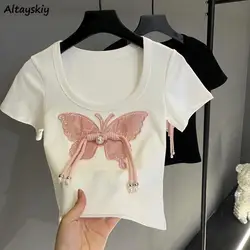 T-shirts Women Butterfly Appliques Buckles Chinese Style Retro Chic Short Sleeve Summer Hot Sweet Girls Cropped Tops Slim Ins