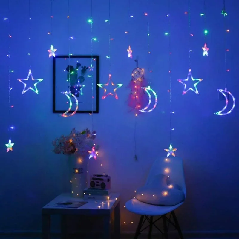 Moon Star Curtain String Lights, 8 modos intermitentes, Ramadan, festa de casamento, Natal, Dia das Bruxas, Jardim, Decoração interior, 11.5FT,