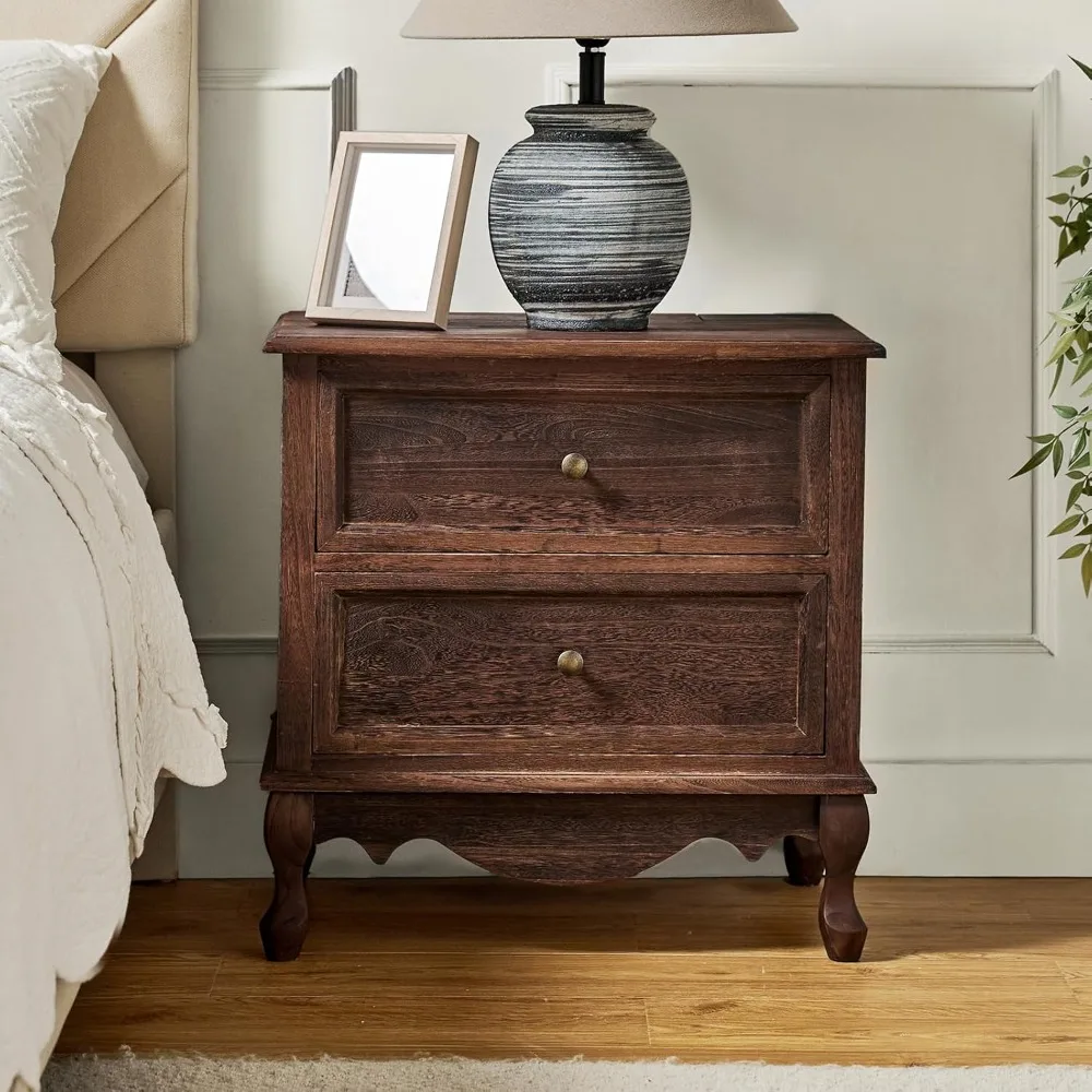 Wood Nightstand with Charging Station Space, Bedside Table 2 Drawer Dresser with Drawer and Wooden Legs,French Storage End Table