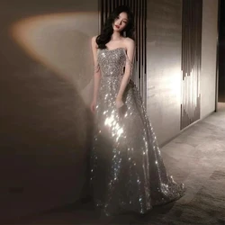 Shiny Prom Dresses Boat Neck Sequins Lace-up Sequins Tassel Beading A-line Floor Length Host Wedding Cocktail Ball Evening Gowns