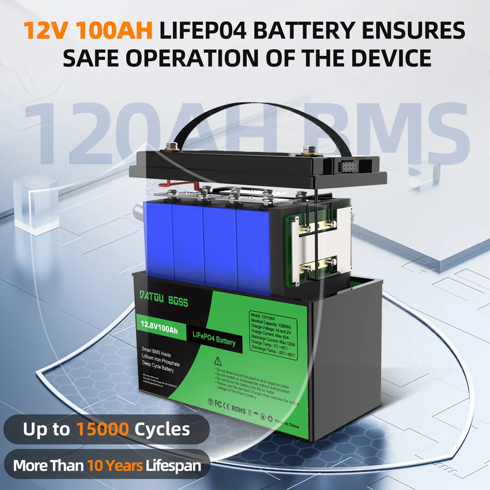 بطارية DATOUBOSS LiFePO4 12 فولت مع BMS 8000Cycles، 100A 200A 300A، للعاكس، المنزل المتنقل، النظام الشمسي، القارب، المنزلية، الشمسية