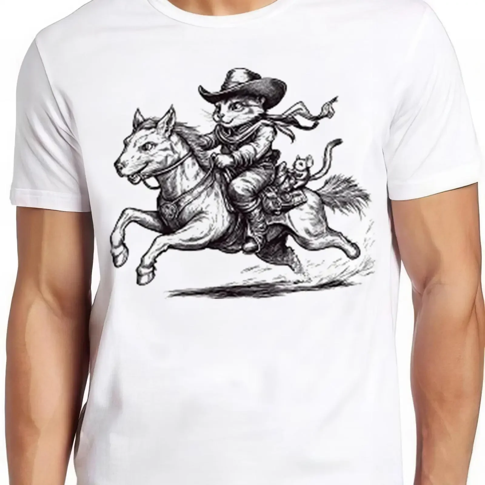 Cowboy Cat Meowdy Partner Mouse Western Theme Funny Humor Meme Casual Crew Neck  T Shirt vintage Washed Versatile fashion