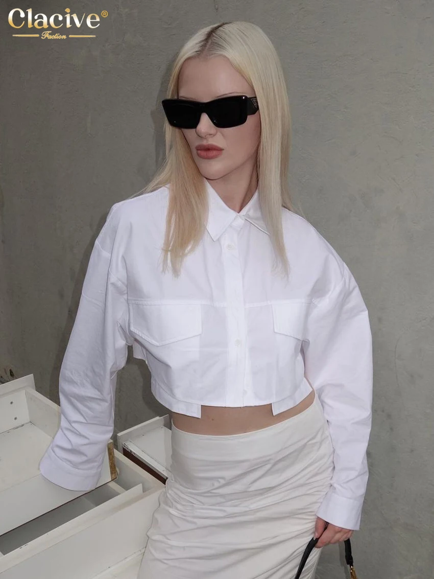 Clacive Mode lose weiße Frauen Shirt elegante Revers Langarm hemden Streetwear klassische feste Ernte Top weibliche Kleidung