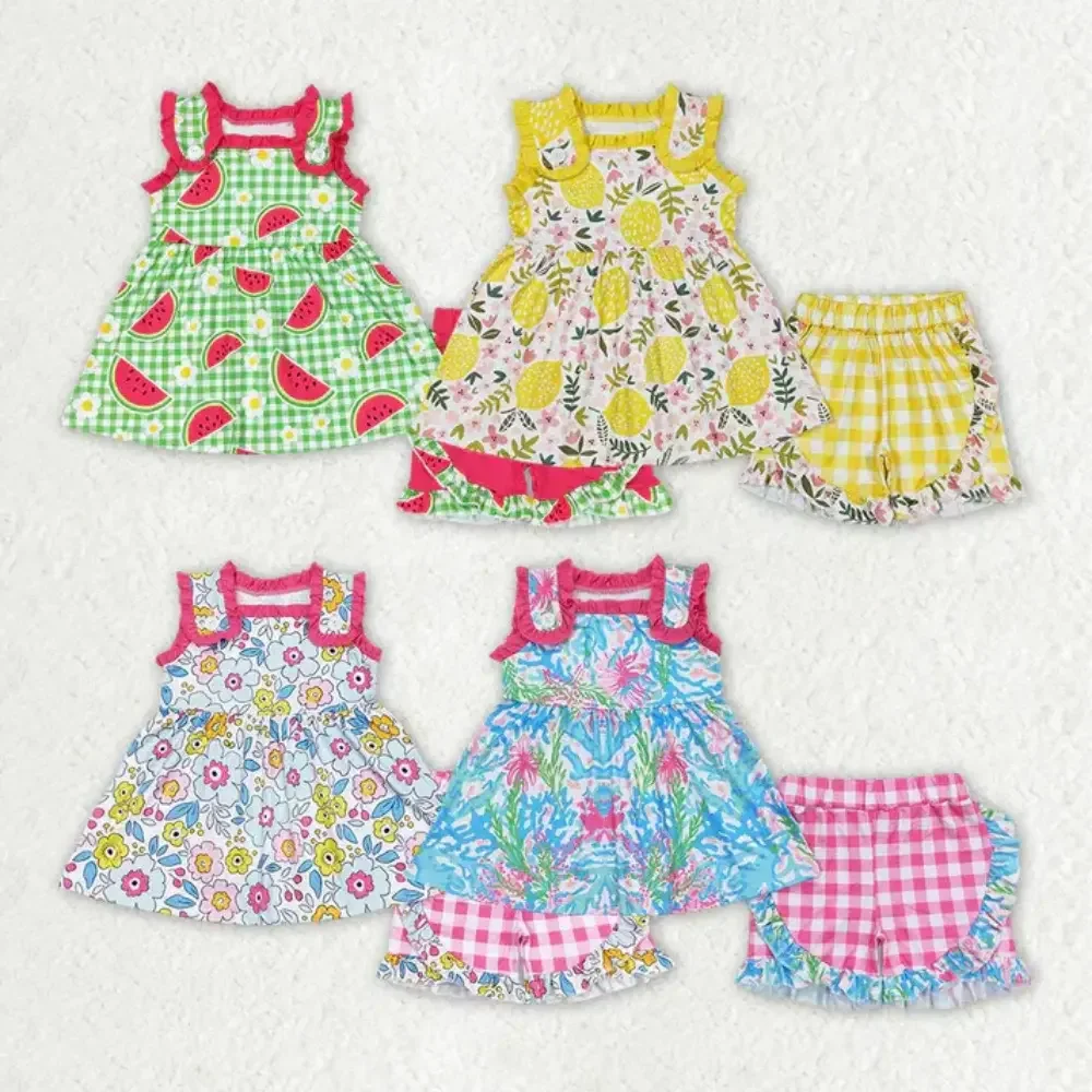 

Ready to Ship Kids Summer Clothes Short Sleeve Flowers Tunic Top Plaid Baby Clothes Sets Girls