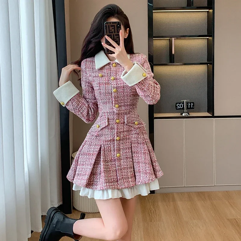 Small Fragrant Style Tweed Pink Dress for Women Autumn French Luxury  Socialite Single breasted Color Splicing Slim Short Dress - AliExpress  200000345