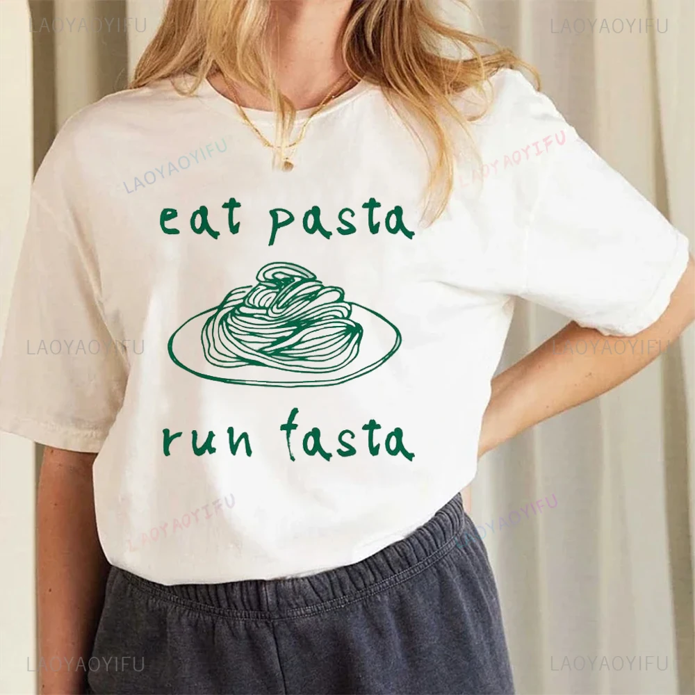 Fun women print T-shirt Eat spaghetti Run Fasta Fashion outfit Cute cartoon print summer short sleeve street wear top 2024