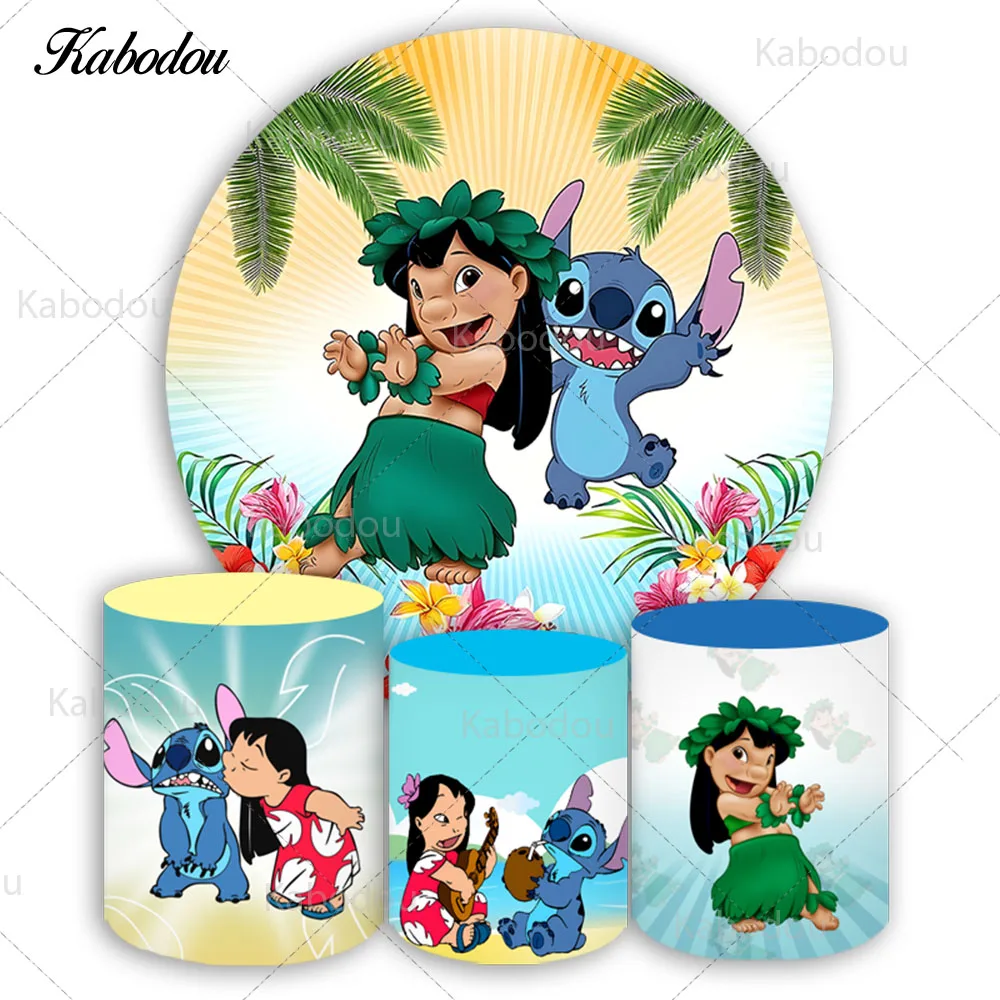 Disney Lilo & Stitch Round Photo Backdrop Kids Birthday Baby Shower Green & Blue Circle Photography Background Cylinder Covers